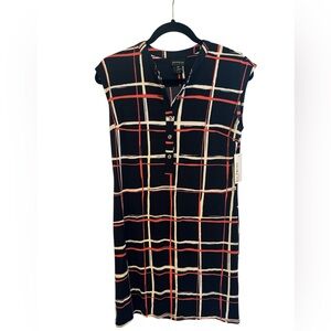 Enfocus Studio Navy Plaid Sleeveless Dress- peach & Cream Windowpane